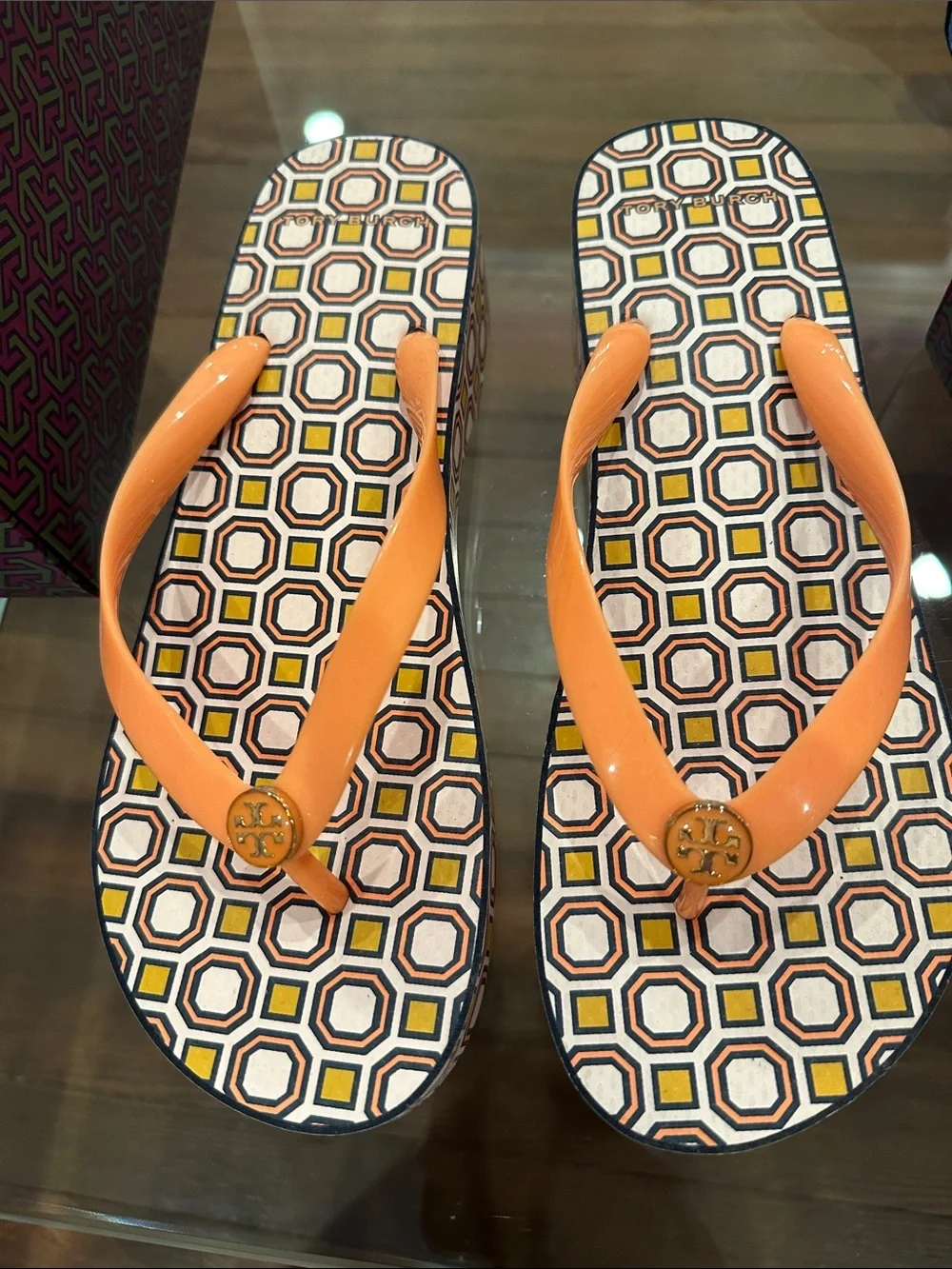 Tory Burch Orange Logo Flip Flop Sandals with Geometric Footbed